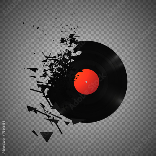 Vintage vinyl records broken and shattered into small pieces isolated vector illustration on transparent background