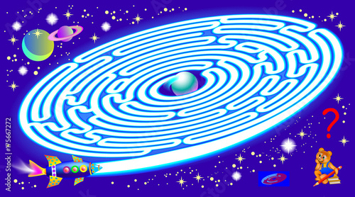 Logic puzzle game with labyrinth for children and adults. Need to find the way from start till planet. Vector image.