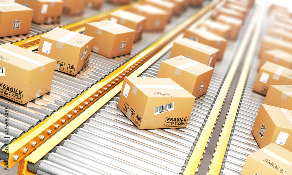 Delivery concept. Cardboard boxes on a conveyor line. 3d illustration - obrazy, fototapety, plakaty 
