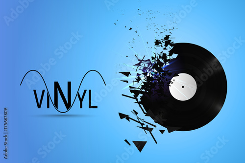 Vinyl record exploded into small pieces vector illustration. Music logo on blue background
