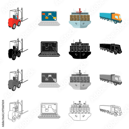 Loader, laptop, shipping by sea, truck. Logistics and delivery set collection icons in cartoon black monochrome outline style vector symbol stock illustration isometric web.