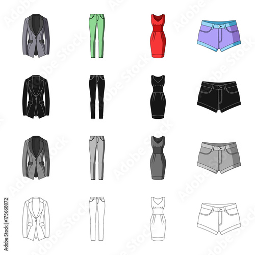 Female jacket, clothes pants, dress, shorts. Women's clothing set collection icons in cartoon black monochrome outline style vector symbol stock illustration web.