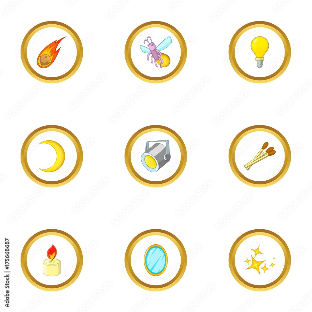 Light source icons set, cartoon style Light source icons set, cartoon style