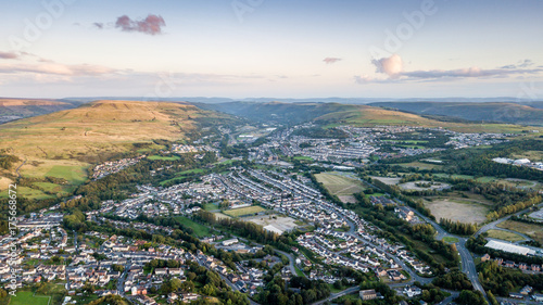 Sunset over a Welsh valleys town viewed from the air