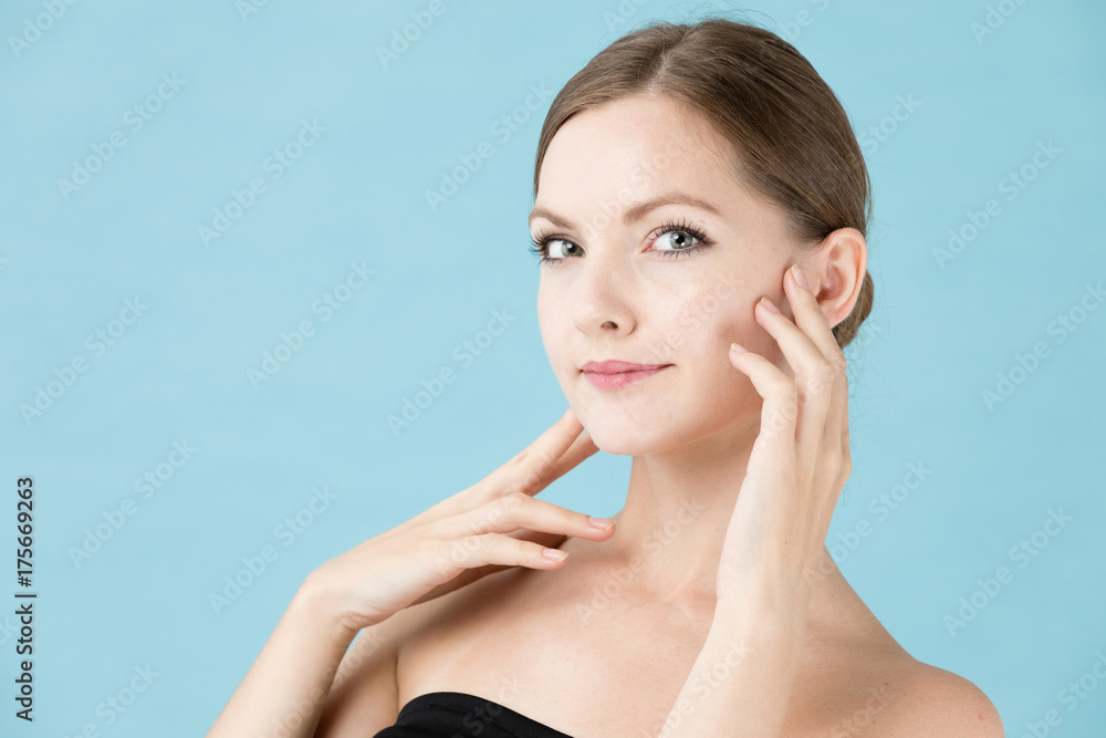 portrait of attractive woman beauty image on blue background portrait of attractive woman beauty image on blue background