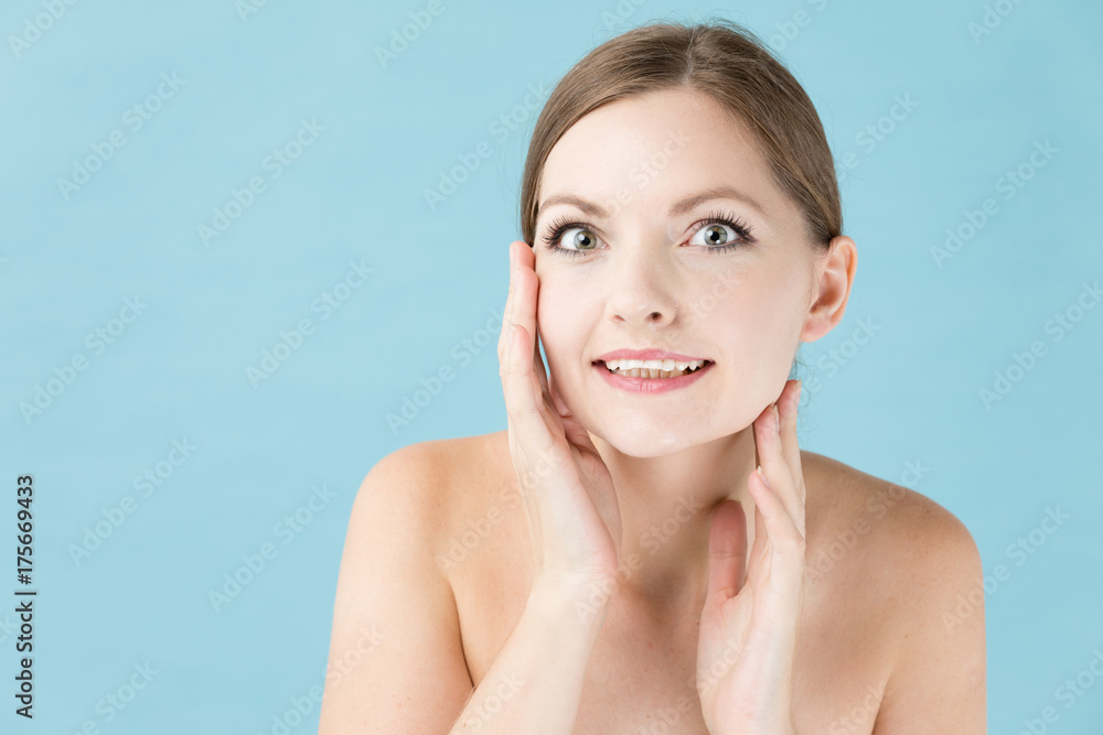 portrait of attractive woman beauty image on blue background portrait of attractive woman beauty image on blue background