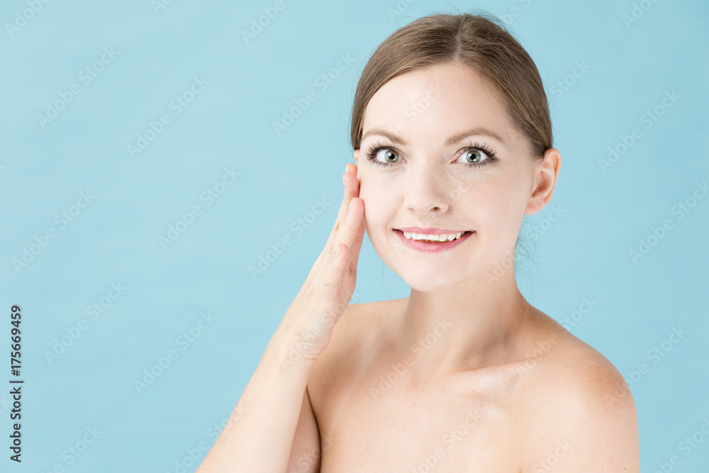 portrait of attractive woman beauty image on blue background portrait of attractive woman beauty image on blue background