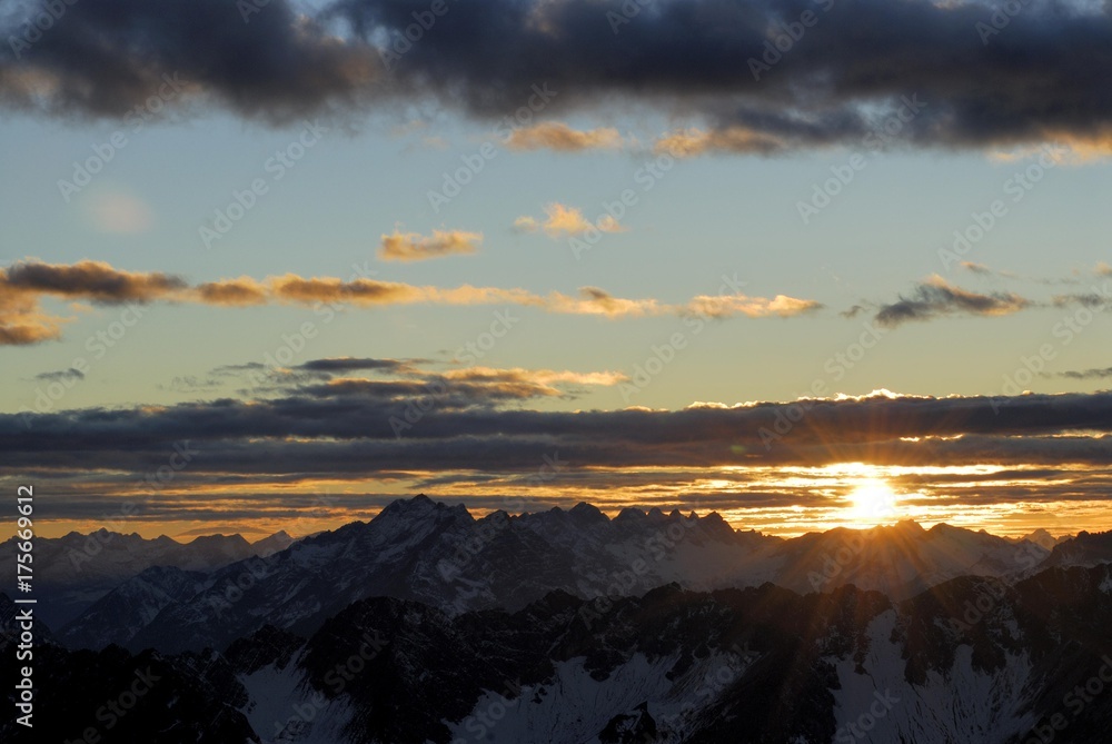 Sunset over the Allgaeu Alps, Berwang, Tirol, Austria, Europe