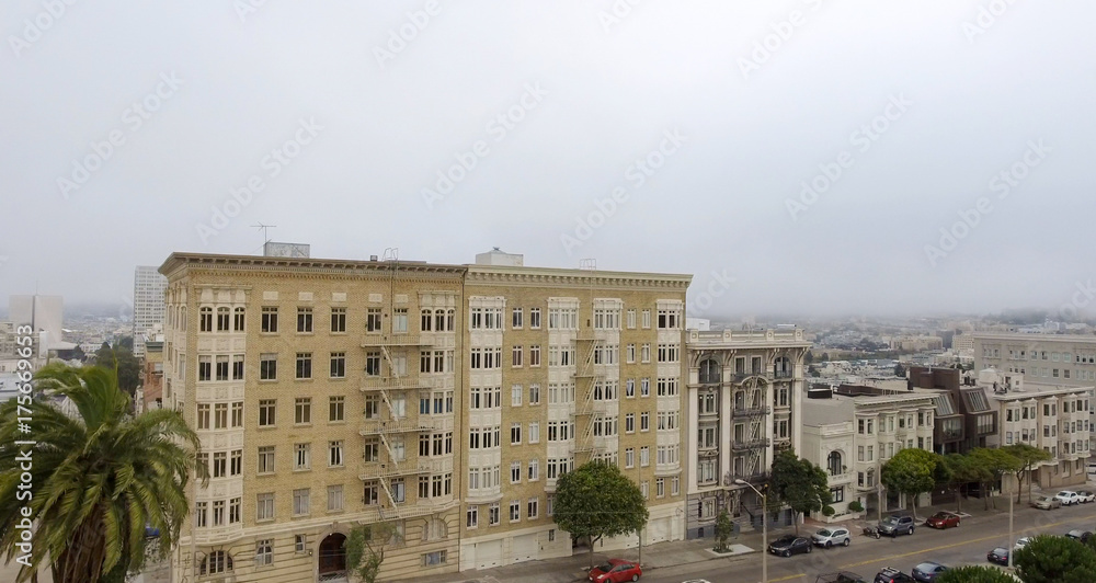 San Francisco aerial skyline shrouded by fog