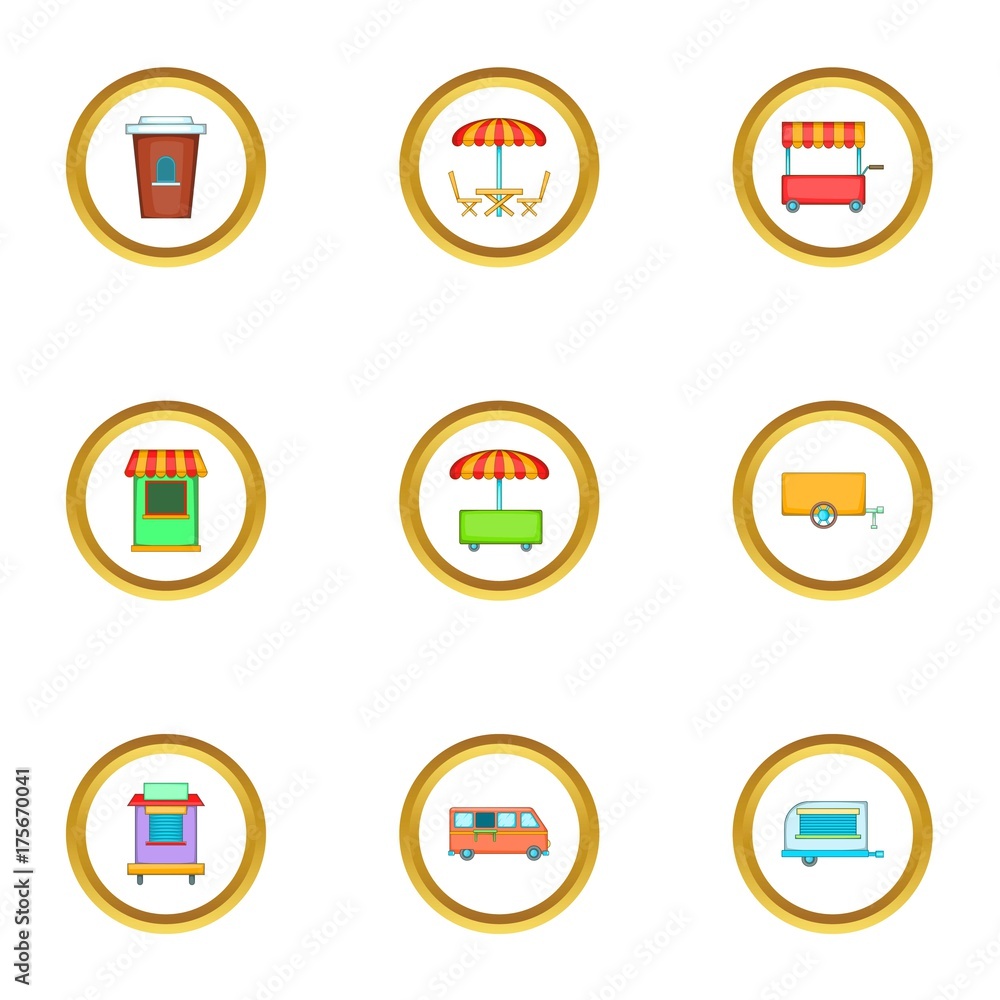 Mobile shop icons set, cartoon style