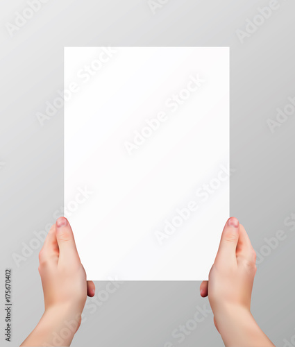 Vector realistic hands holding blank paper page isolated on grey background