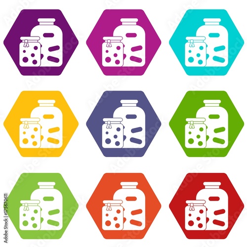 Jars with pickled vegetables and jam icon set color hexahedron