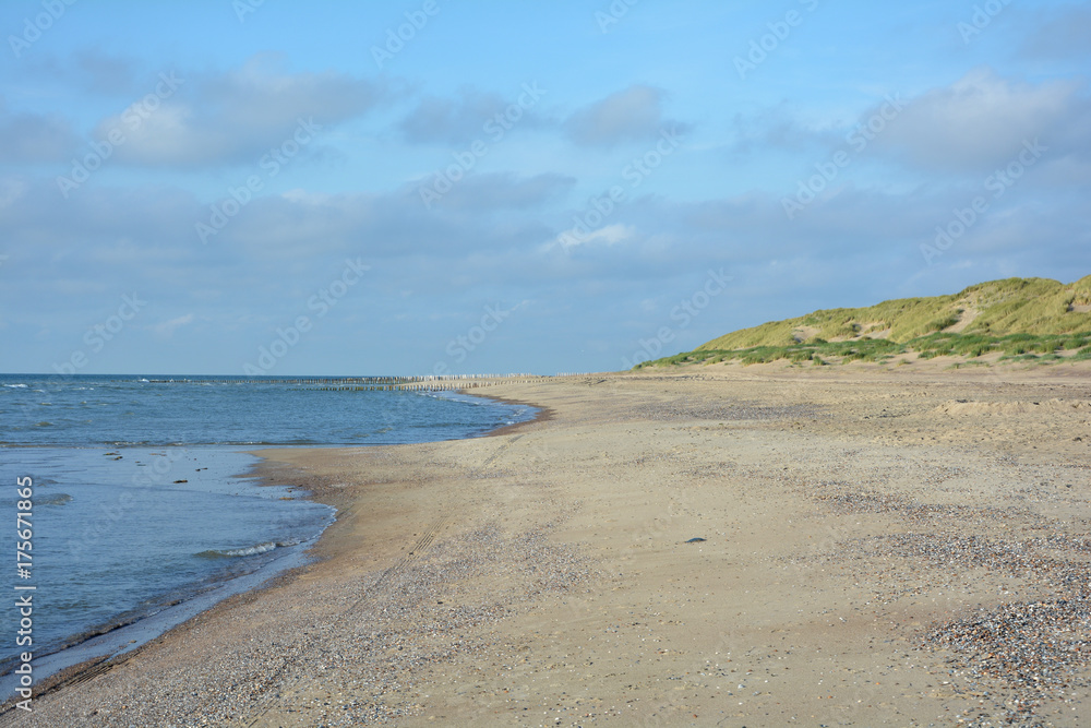 Strand an der Nordseeküste mit blauem Himmel