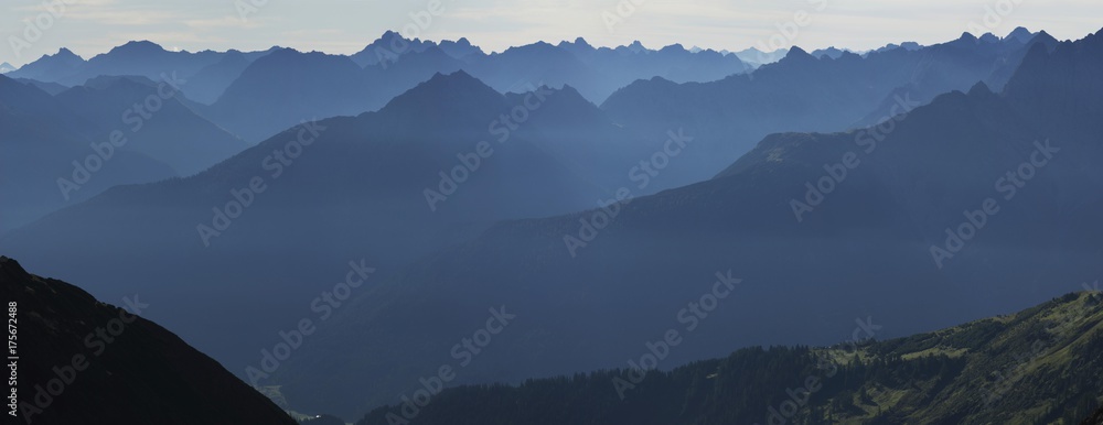 Lechtal Alps blanketed in morning mist, Holzgau, Tirol, Austria, Europe