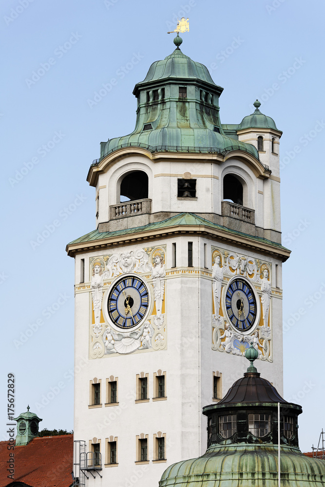 Tower of Muellersches Volksbad, Isar river, Munich, Bavaria, Germany, Europe