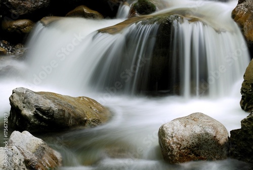 Water spray over rocks, Kuhflucht Falls, Farchant, Bavaria, Germany, Europe