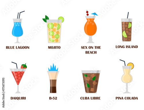 Alcohol drinks beverages cocktail lager container drunk different glasses vector illustration.