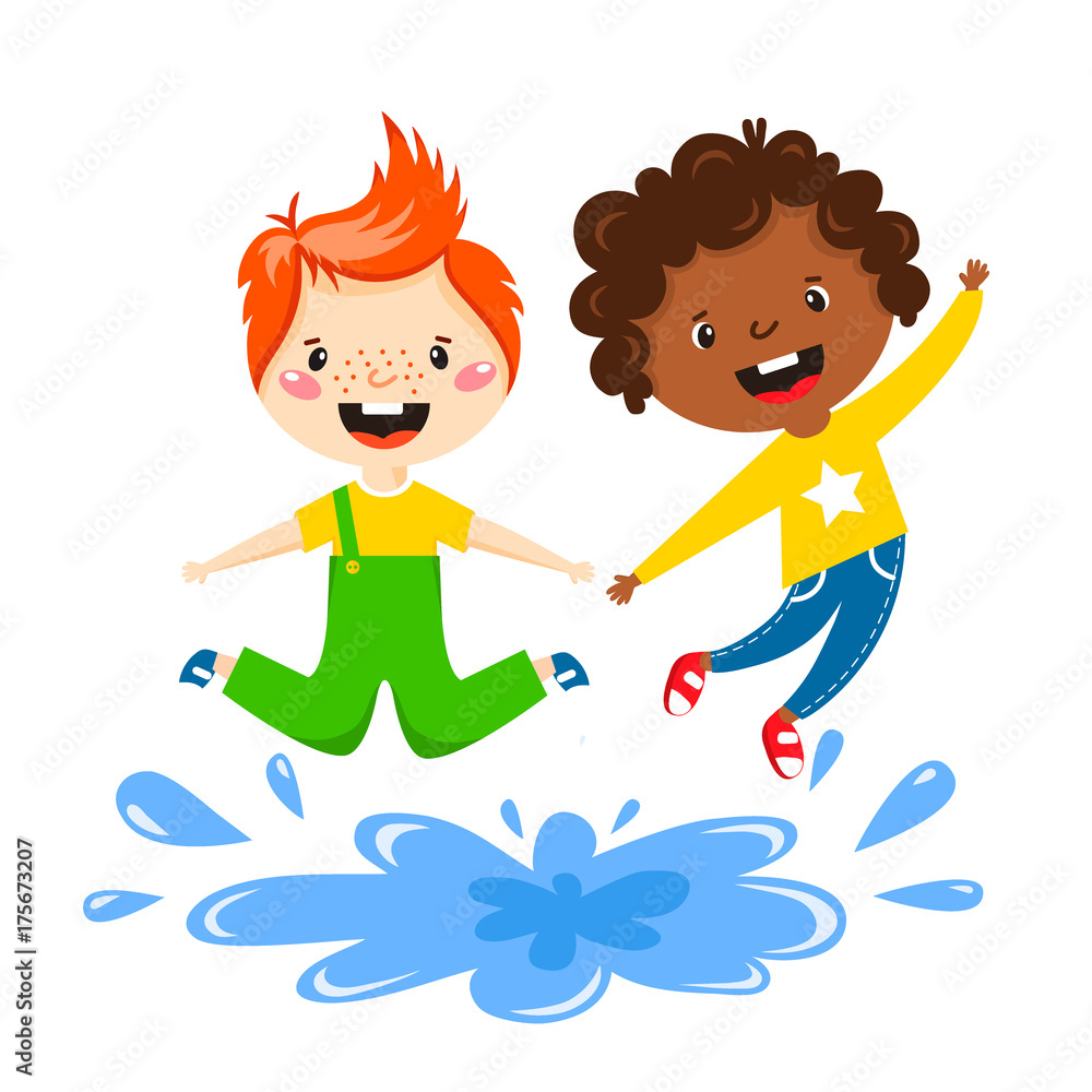 Kids play enjoy spring arrival warm summer little characters happy playing vector illustration.