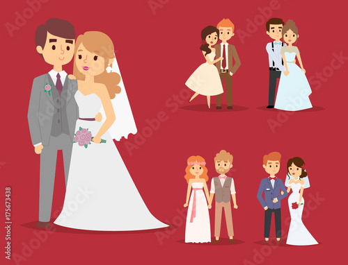 Wedding couple vector beautiful model girl in white dress and man in suit bride illustration