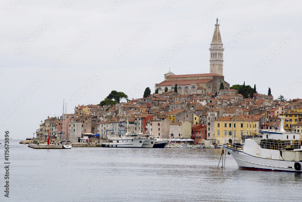 View across the harbour towards the historic town, Rovinj, Istria, Croatia.