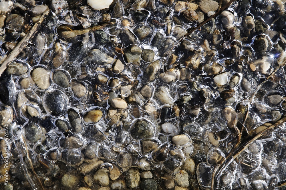 Gravel frozen in ice