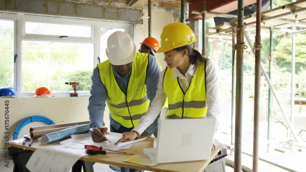 Architects with laptop at construction site & building crew working Architects with laptop at construction site & building crew working