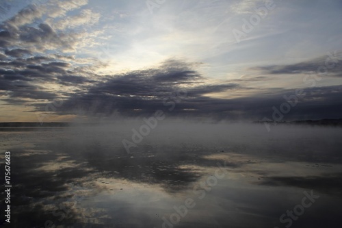 Fog bank at Federsee Lake near Bad Buchau, Upper Swabia, Baden-Wuerttemberg, Germany, Europe