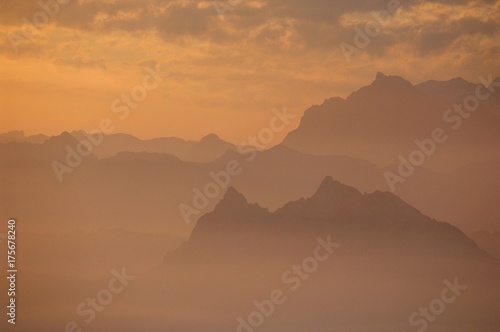 Sunrise on the Rigi with view of the Alps of Central Switzerland  Switzerland  Europe