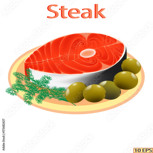 Salmon. Fish. Steak salted salmon on a plate. Fillet, steak fish in realistic style. Sea food product design. Vector illustration isolated on white background.