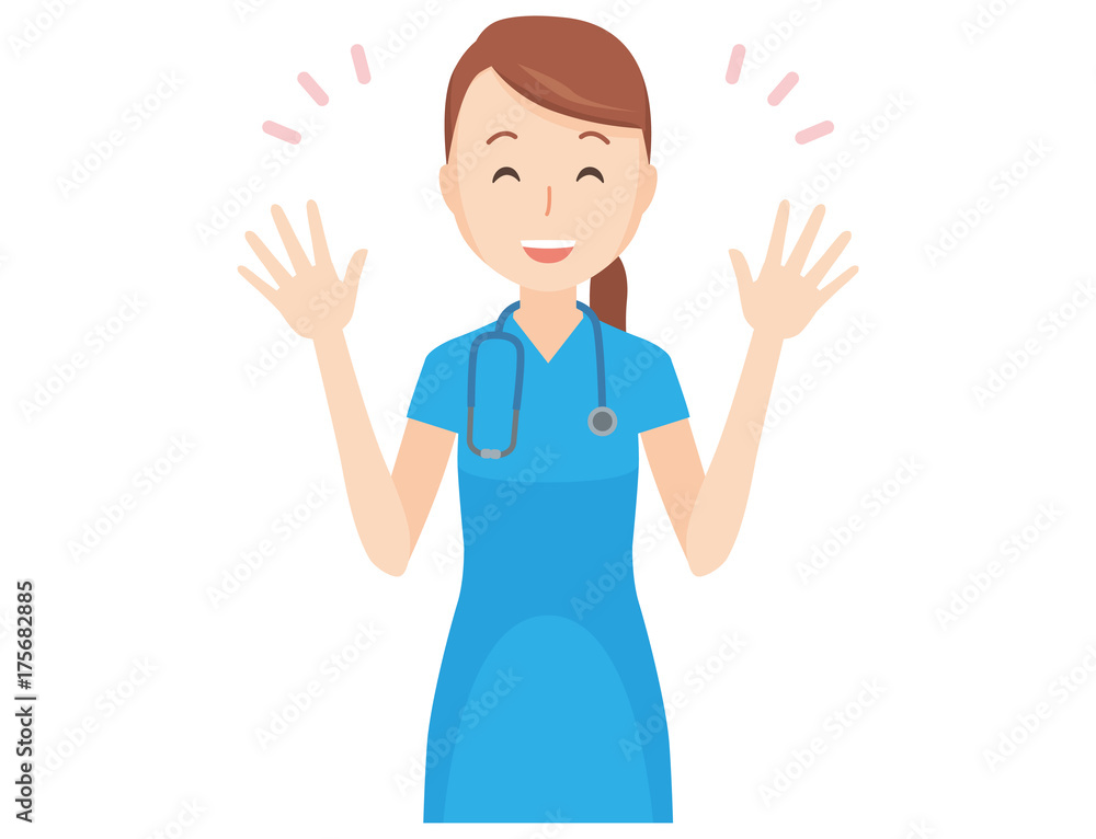 An illustration that a nurse wearing a blue scrub is opening her hand and laughing An illustration that a nurse wearing a blue scrub is opening her hand and laughing