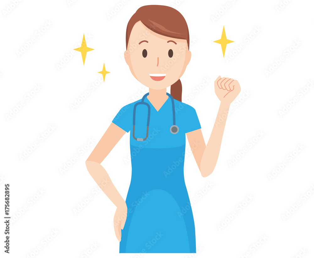 Illustration that a nurse wearing a blue scrub raises his fist Illustration that a nurse wearing a blue scrub raises his fist