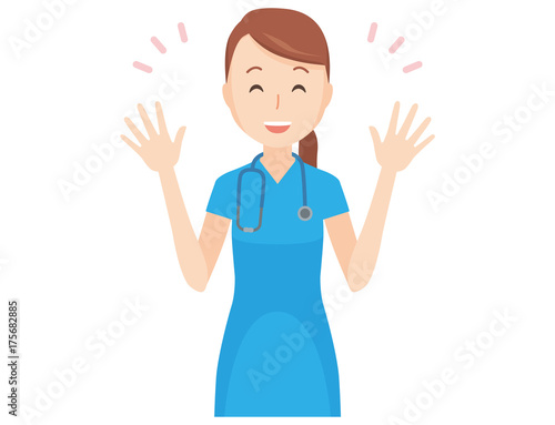 An illustration that a nurse wearing a blue scrub is opening her hand and laughing