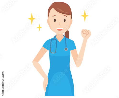 Illustration that a nurse wearing a blue scrub raises his fist