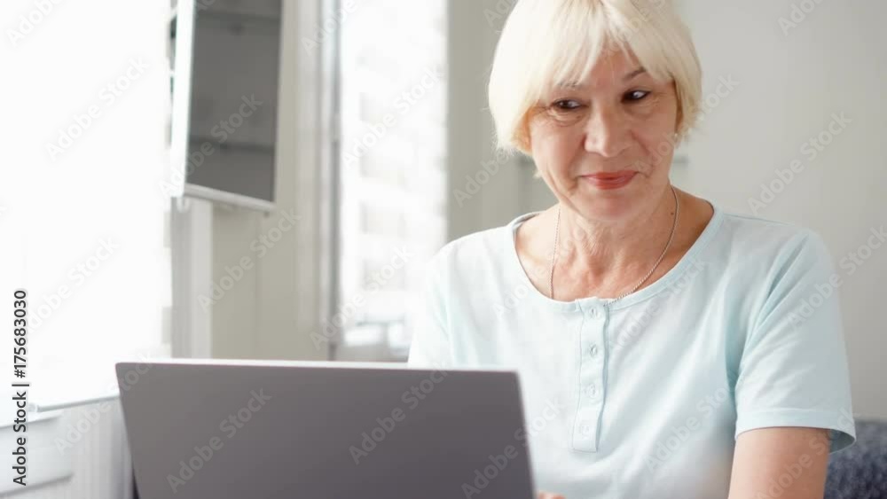 Elderly senior blond woman working on laptop computer at home. Received good news excited and happy. Remote freelance work on retirement, active modern lifestyle of older people. Success concept Elderly senior blond woman working on laptop computer at home. Received good news excited and happy. Remote freelance work on retirement, active modern lifestyle of older people. Success concept