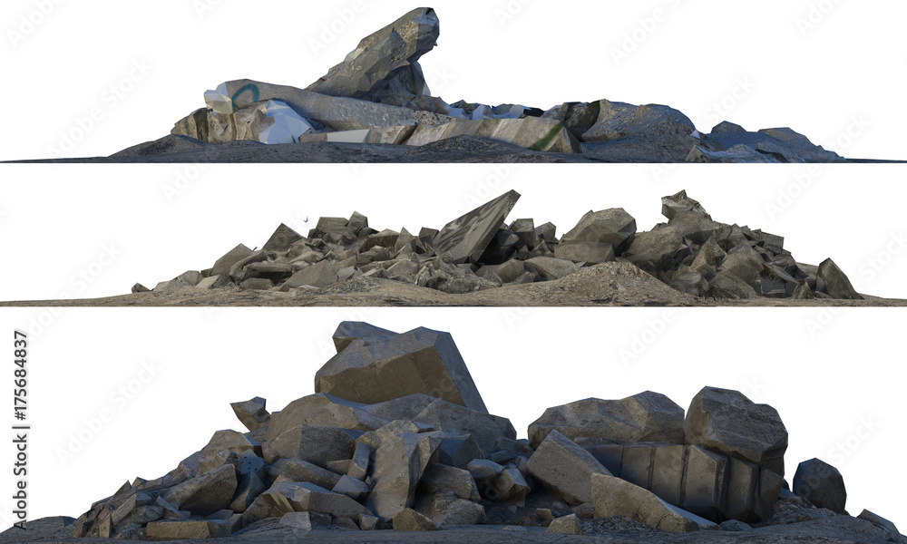 Heaps of rubble and debris isolated on white 3d illustration - obrazy, fototapety, plakaty 