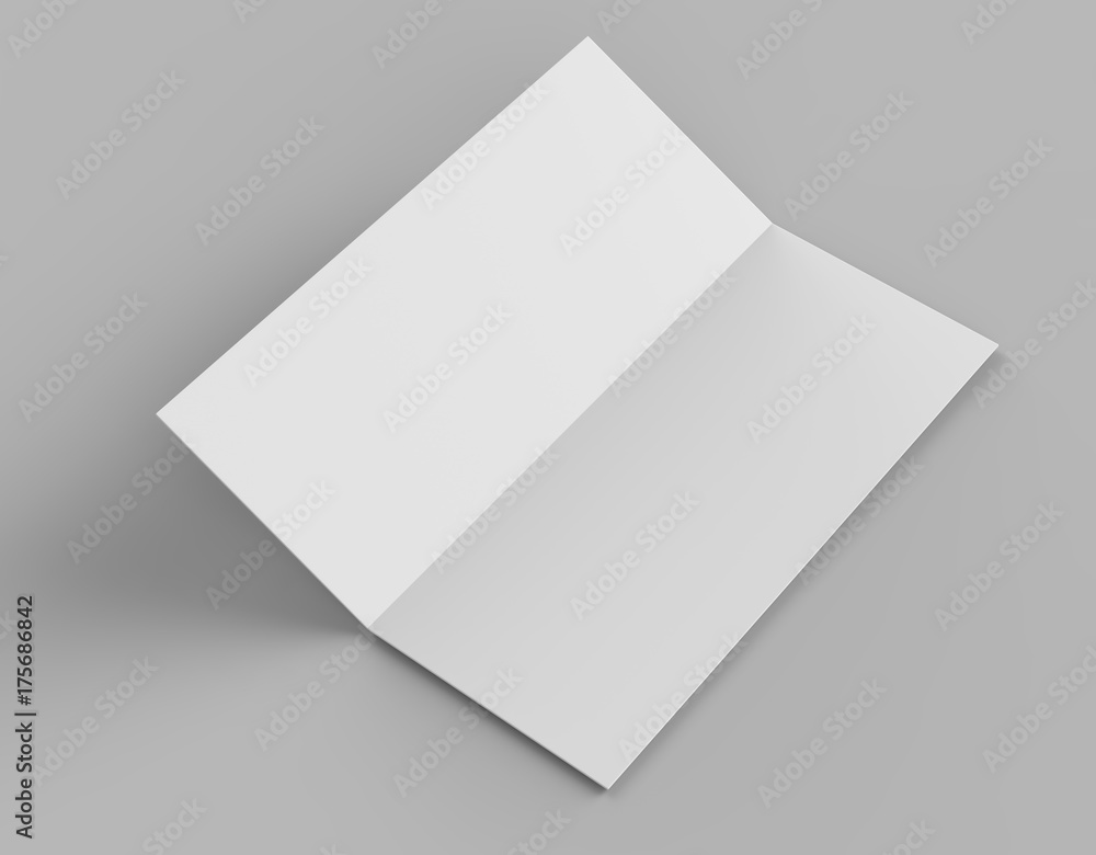 Bi fold or Vertical half fold brochure mock up isolated on soft gray background. 3D render illustration Bi fold or Vertical half fold brochure mock up isolated on soft gray background. 3D render illustration