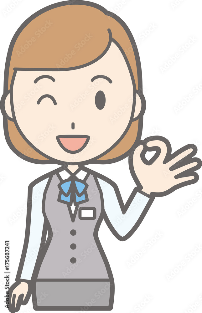 Illustration that a woman clerk wearing a uniform is doing an okay sign Illustration that a woman clerk wearing a uniform is doing an okay sign