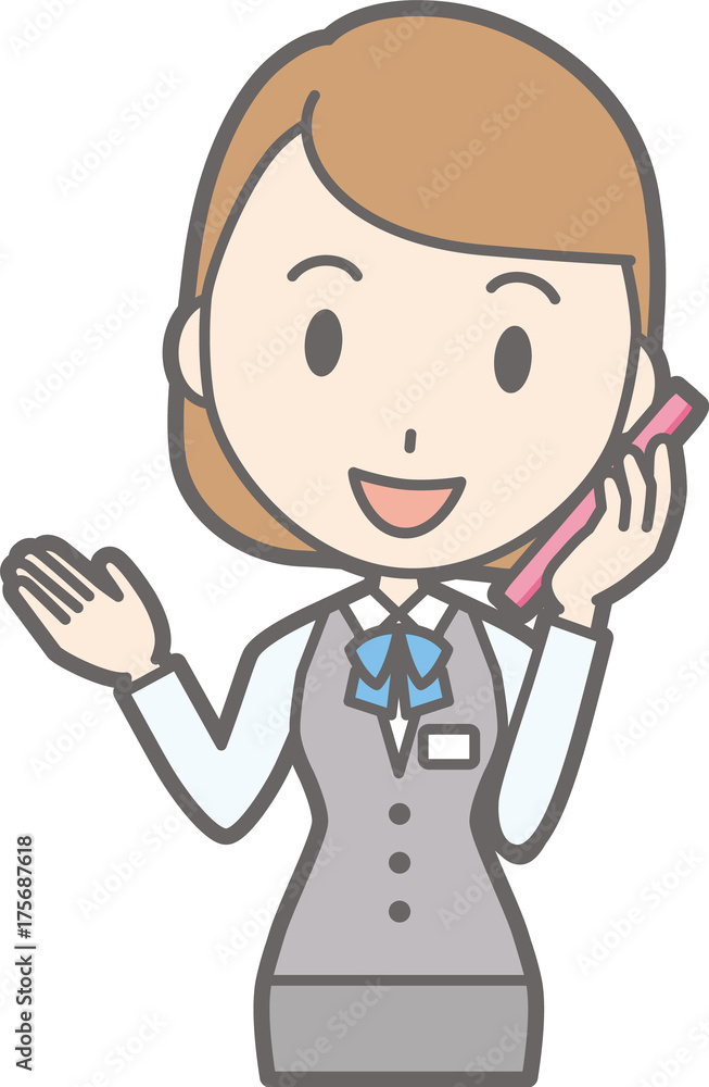 Illustration that a clerk of a clerk in uniform wears a phone with a smartphone Illustration that a clerk of a clerk in uniform wears a phone with a smartphone