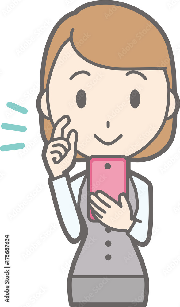 Illustration that a woman clothed in uniform wears a smartphone Illustration that a woman clothed in uniform wears a smartphone