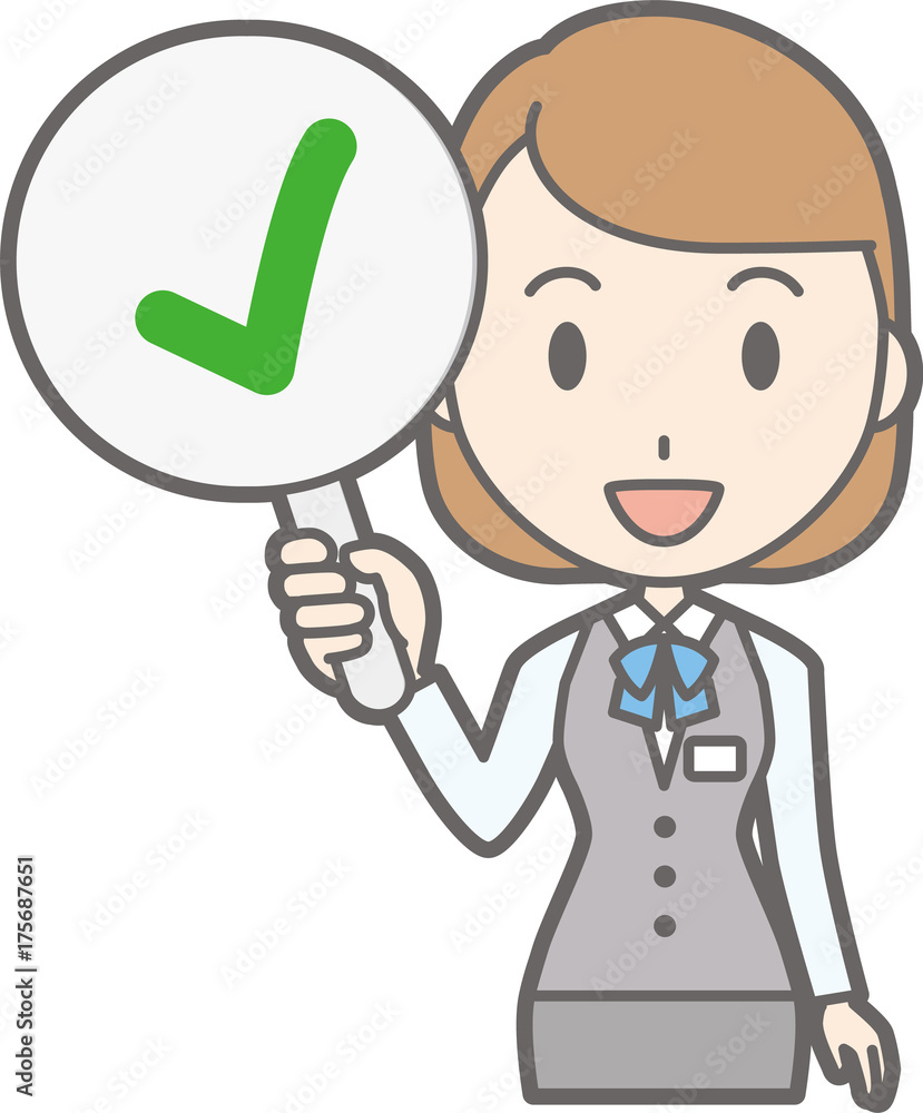 Illustration that a clerk of a clerk in uniform wears a checkmark tag Illustration that a clerk of a clerk in uniform wears a checkmark tag
