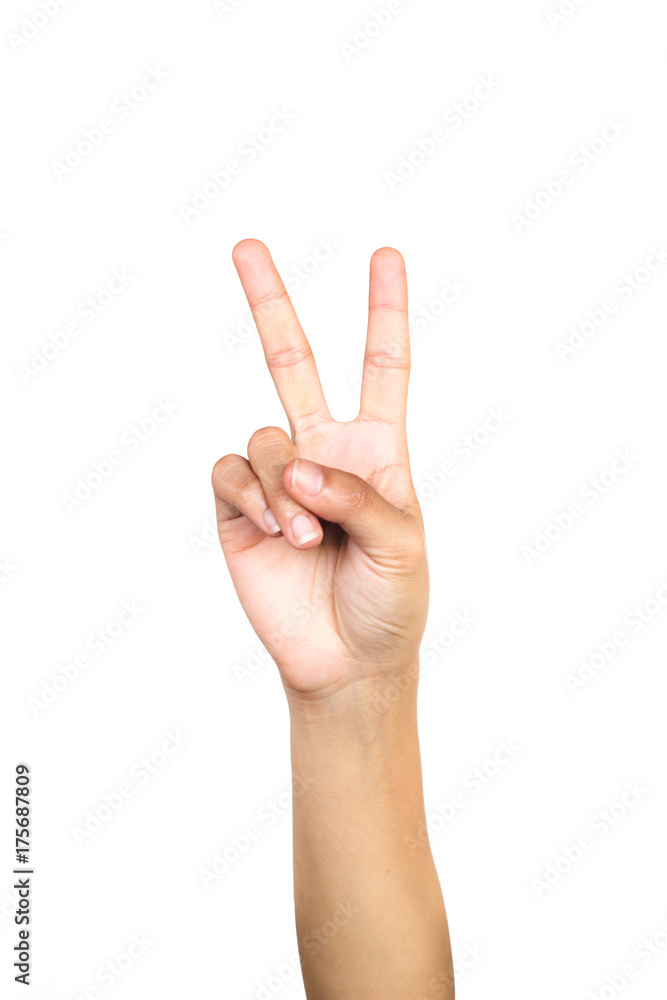 Female hand gesture making number two on white background. Female hand gesture making number two on white background.
