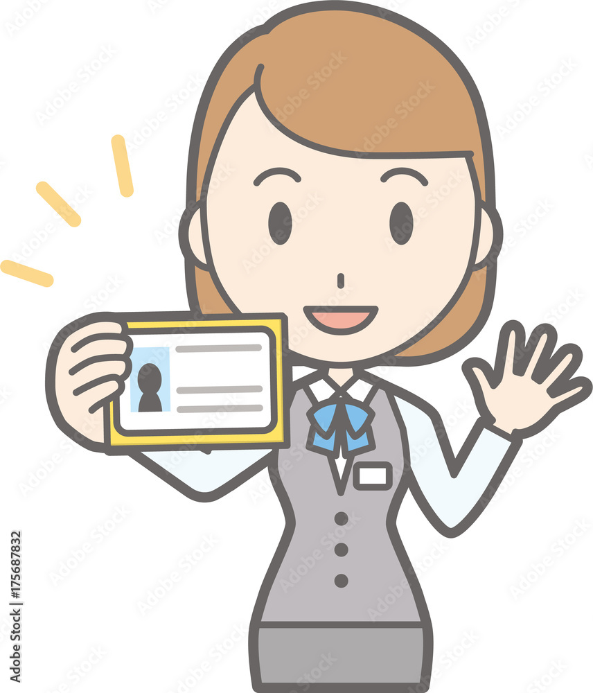 Illustration that a woman clerk in uniform wears an identification card Illustration that a woman clerk in uniform wears an identification card