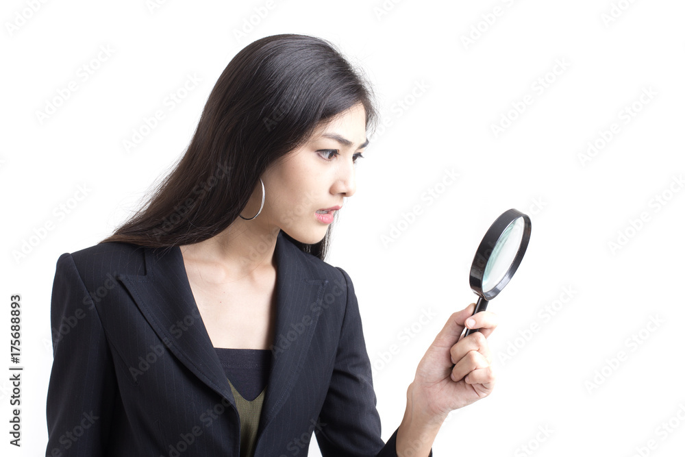 Asian Woman looking something for work, Woman working Concept, Businesswoman using Magnifying for seaching, isolated on white blackground. Asian Woman looking something for work, Woman working Concept, Businesswoman using Magnifying for seaching, isolated on white blackground.