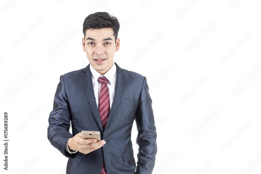 Asian Businessman using Smartphont with attractive smiling isolated on white background. Asian Businessman using Smartphont with attractive smiling isolated on white background.