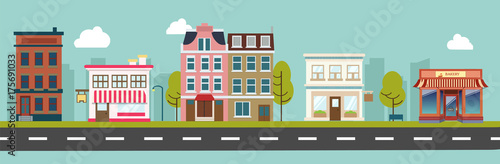 Fototapeta City street and store buildings vector illustration, a flat style design