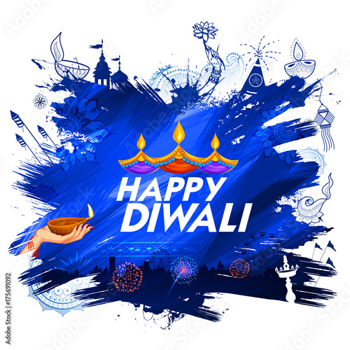 Burning diya on Happy Diwali Holiday background for light festival of India