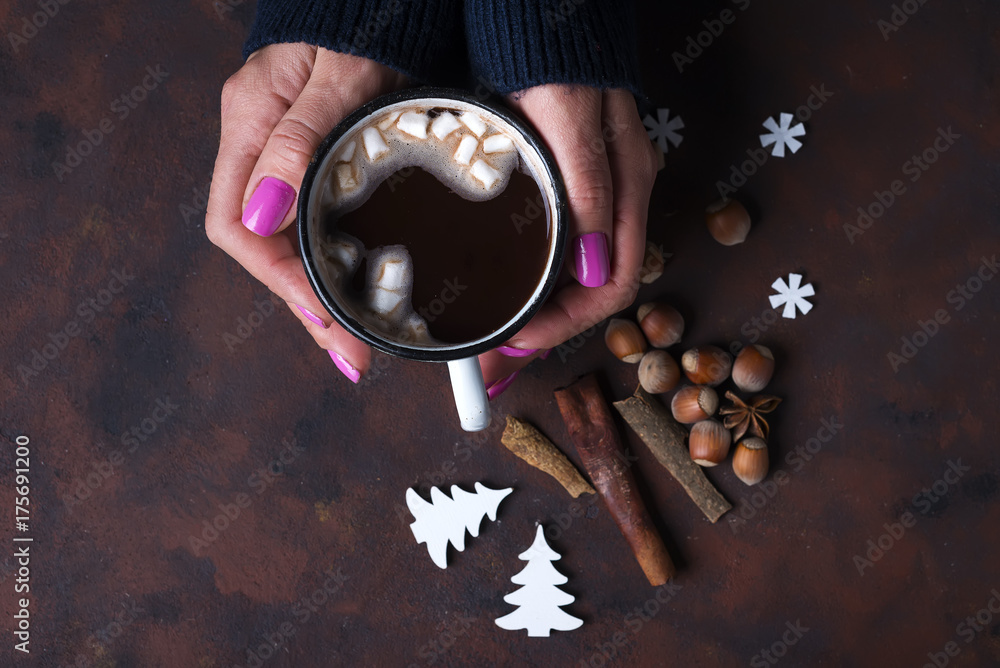 Woman holding cup of hot chocolate.