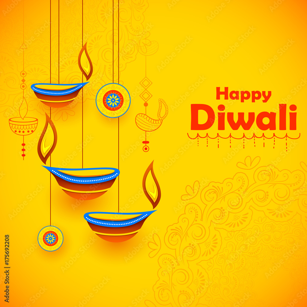 Burning diya on Happy Diwali Holiday background for light festival of India Burning diya on Happy Diwali Holiday background for light festival of India