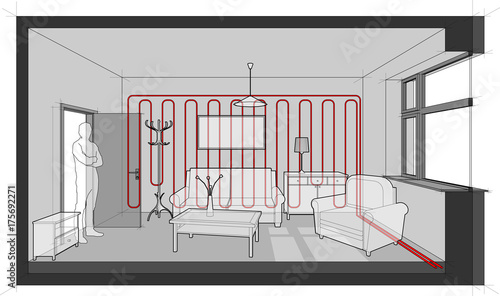 Diagram of a single room furnished with sofa, chair, table, cabinets, ceiling lamp, cloths hanger and painting on the wall heated with wall heating 