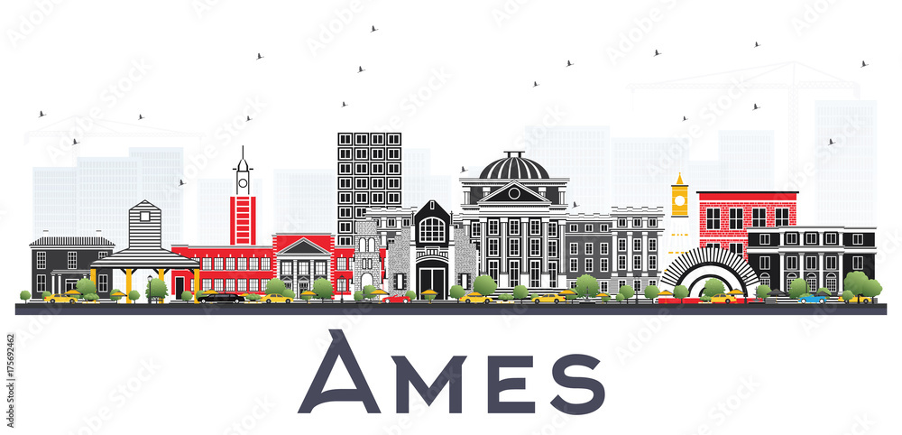 Ames Iowa Skyline with Color Buildings Isolated on White Background.